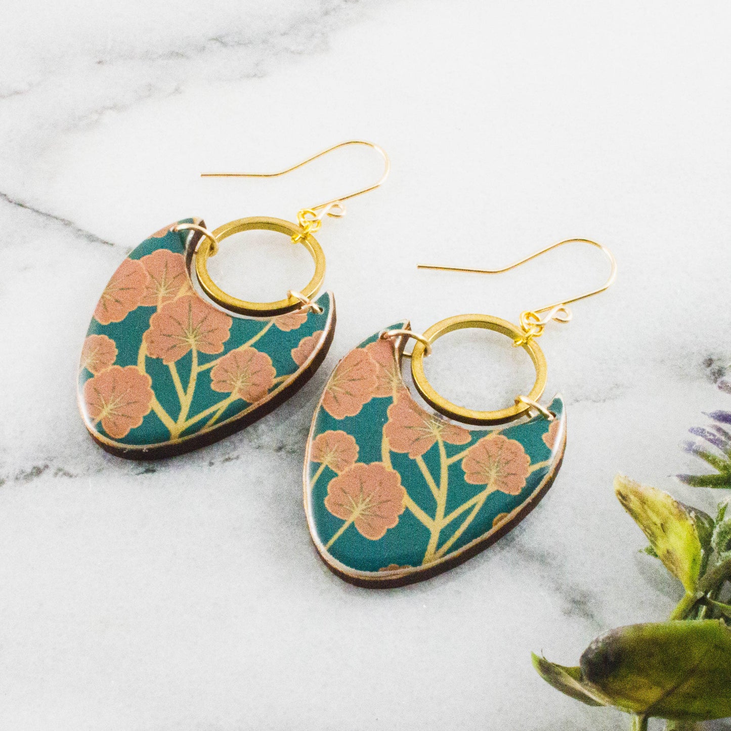 No Man's Land - Teal + Pink Floral Brass Ring Statement Earrings