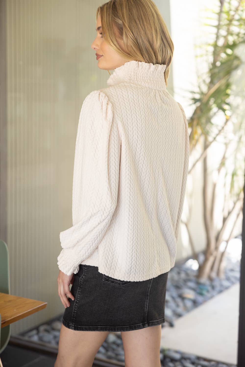 VOY - 34757  Smocked High Neck Long Sleeve Knit Top: Ivory / L