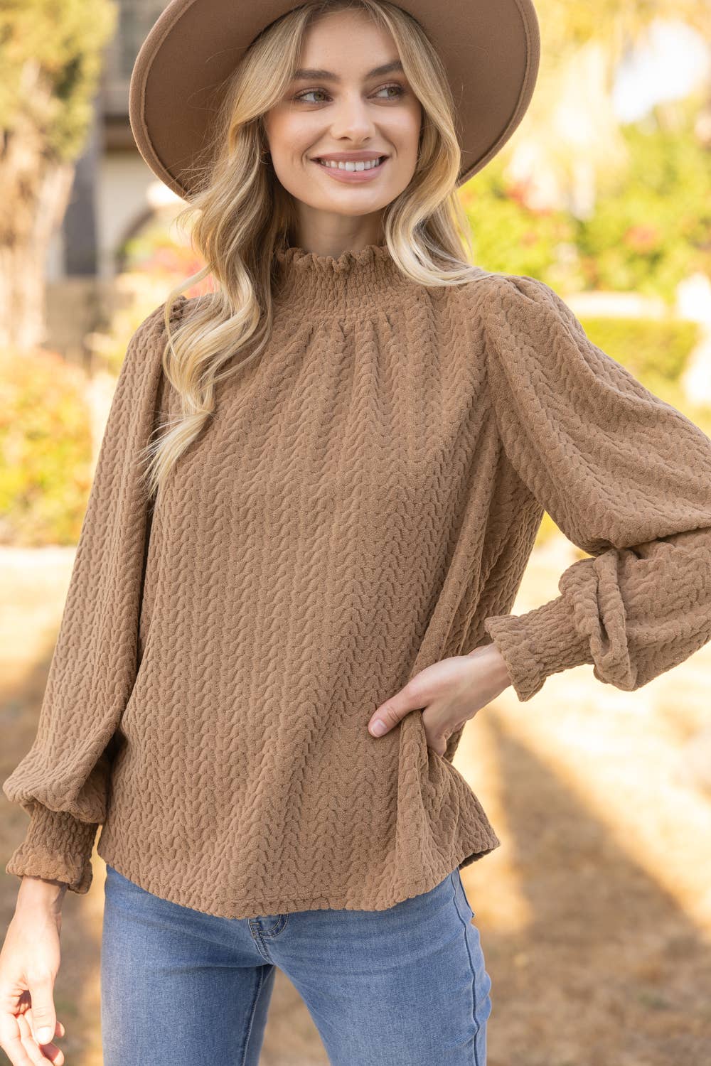 VOY - 34757  Smocked High Neck Long Sleeve Knit Top: Ivory / S