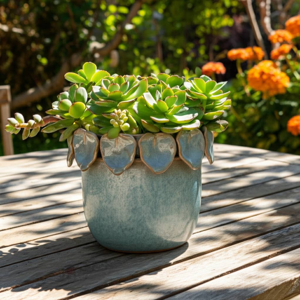 Sagebrook Home - Ceramic Handcrafted Leaf Applique Planter - Seafoam, 6 in.