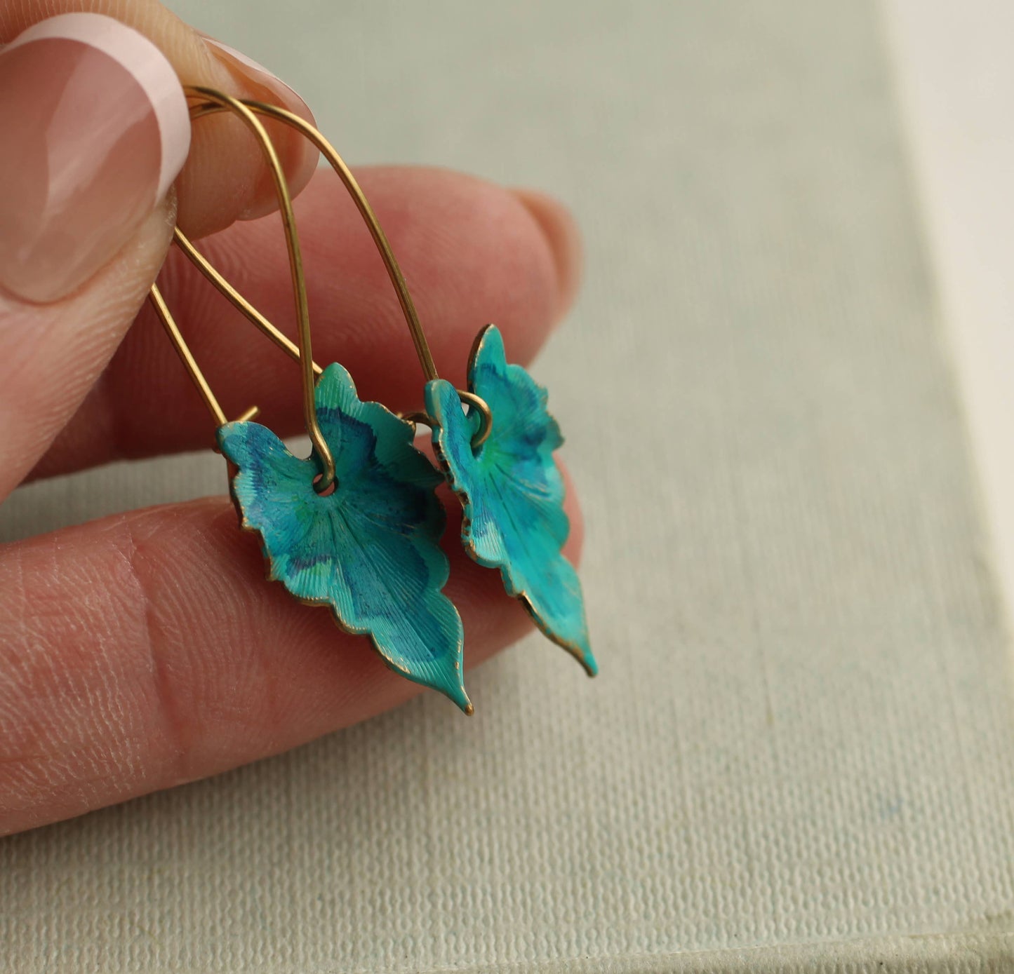 Silk Purse, Sow's Ear - Verdigris Leaf Turquoise Green Earrings: Medium (3.5cm)