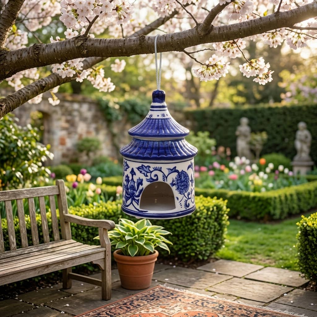 Sagebrook Home - Bird House - White/Blue Ceramic Chinoiserie, 8 in.