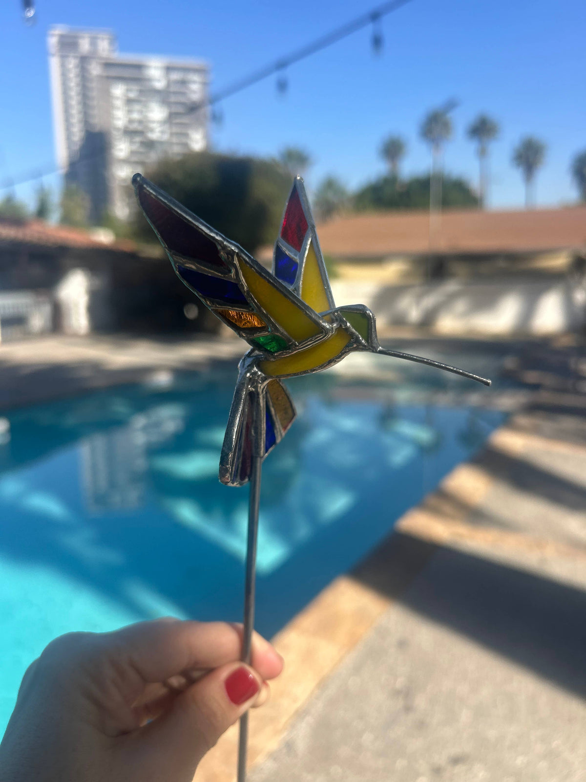 Stained glass stars and Talavera - Handmade Stained Glass Hummingbird Plant Stakes




With Rod