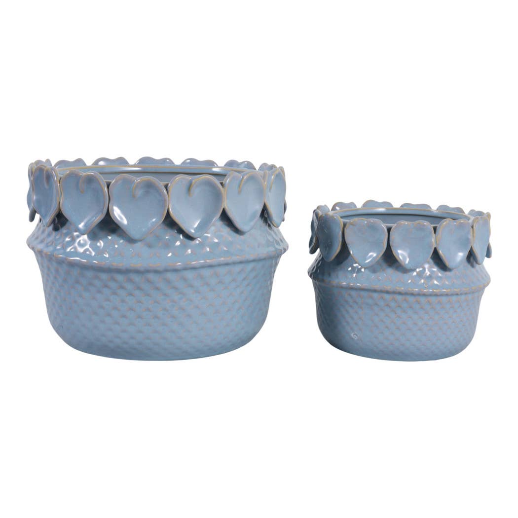 Sagebrook Home - Plant Pot Set of 2  - Blue Ceramic Leaf Applique, 7/10 in.