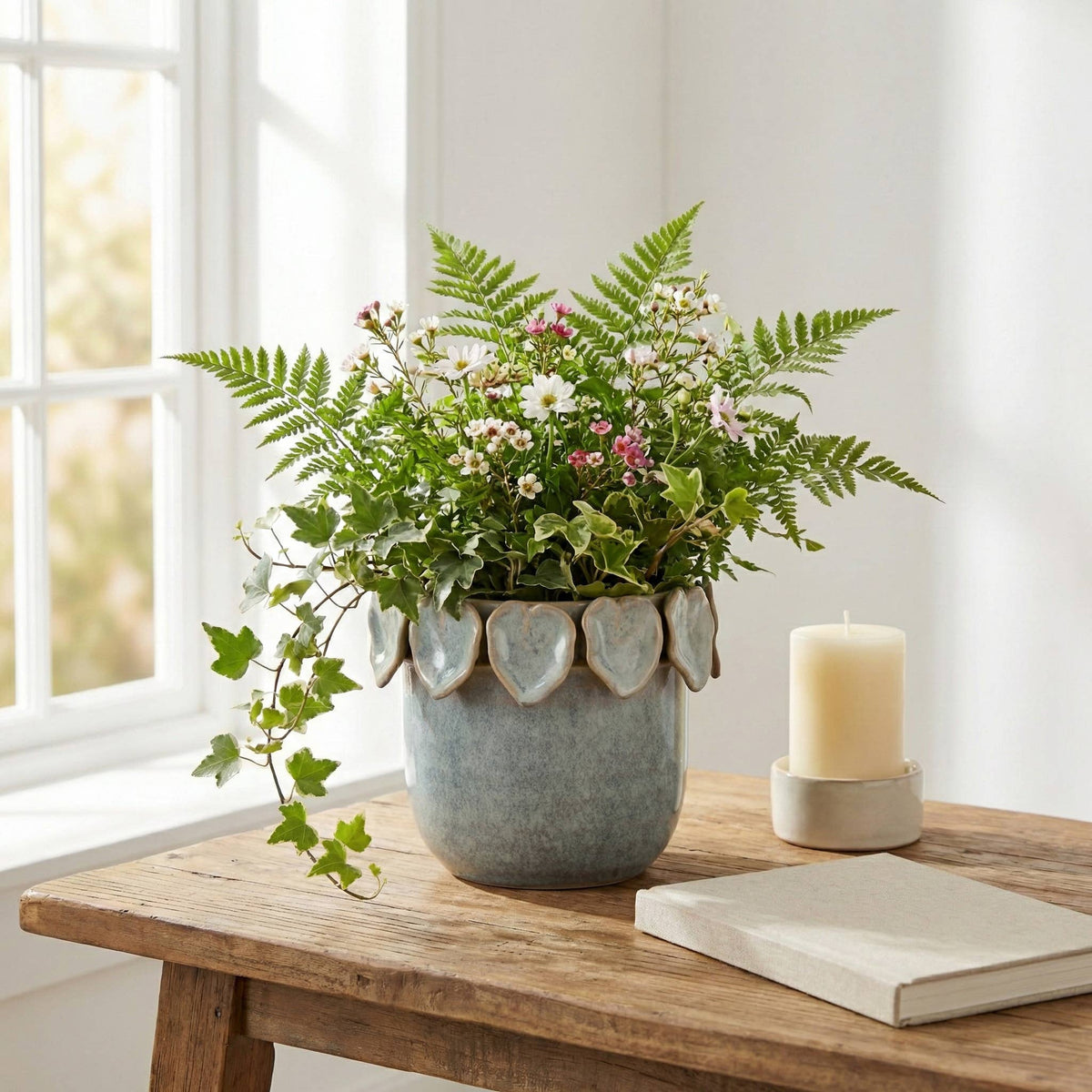 Sagebrook Home - Ceramic Handcrafted Leaf Applique Planter - Seafoam, 6 in.