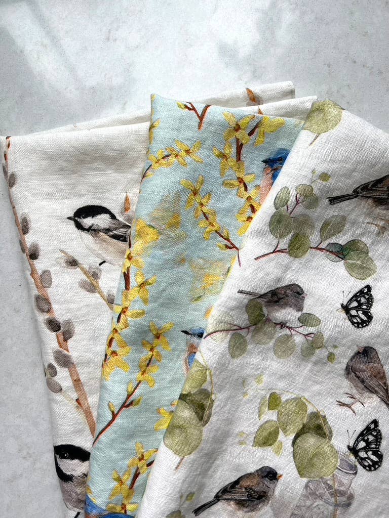 Kasey Melissa Art - Black Capped Chickadees and Pussy Willows - Linen Tea Towel