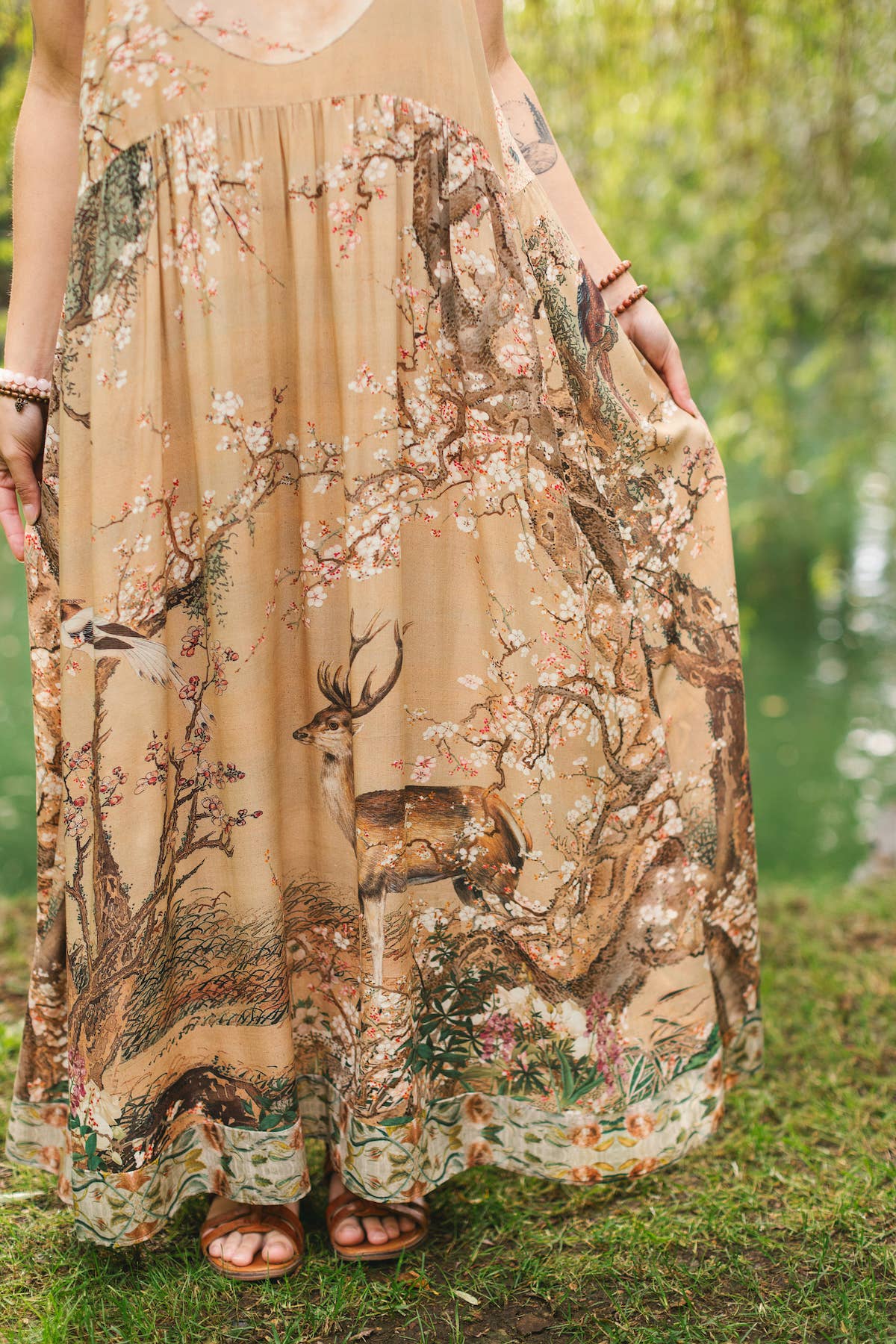 Market of Stars (USA) - Fable Bohéme Long Maxi Slip Dress w/ Blossoms, Deer & Moon