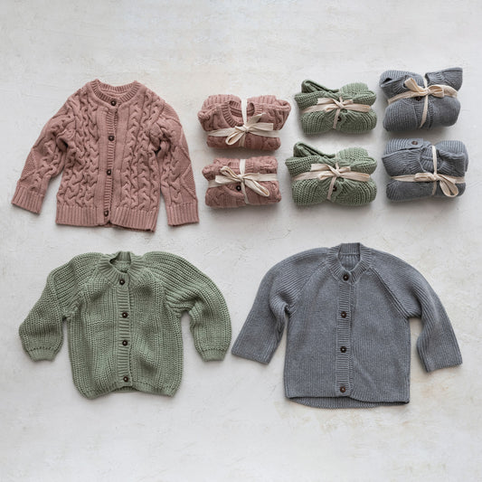 Cotton Knit Baby Sweater w/ Wood Buttons, 3 Colors, 3 Styles