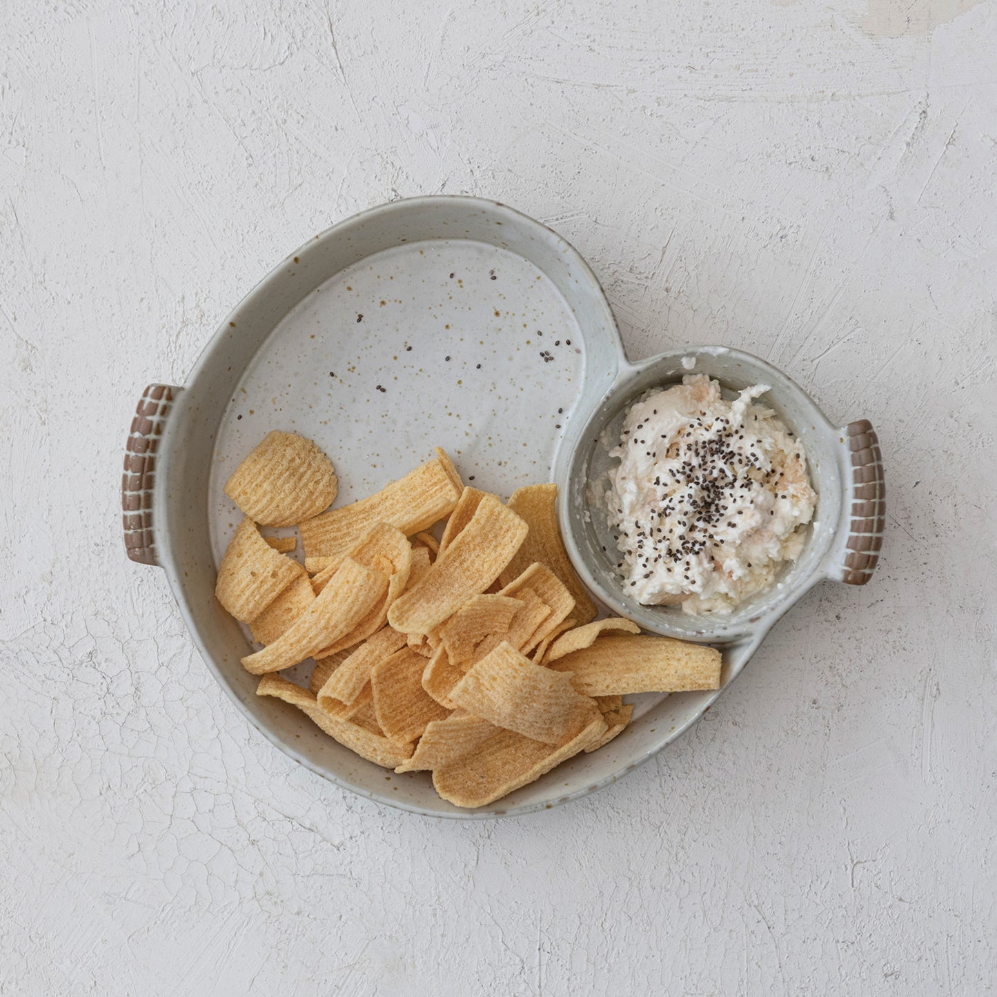 Stoneware Dish w/ 2 Sections & Handles, Reactive Glaze, Cream Color (Each One Will Vary)