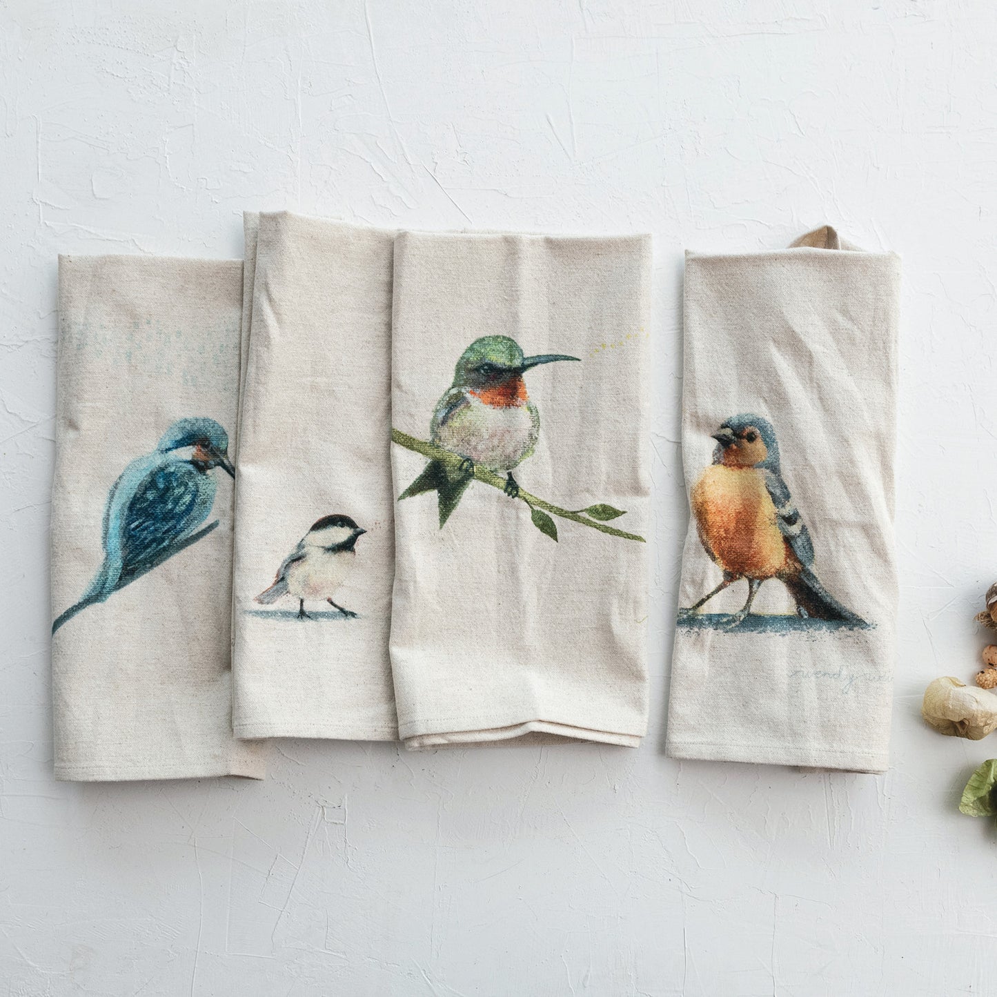 Cotton & Linen Printed Tea Towel w/ Bird, 4 Styles ©