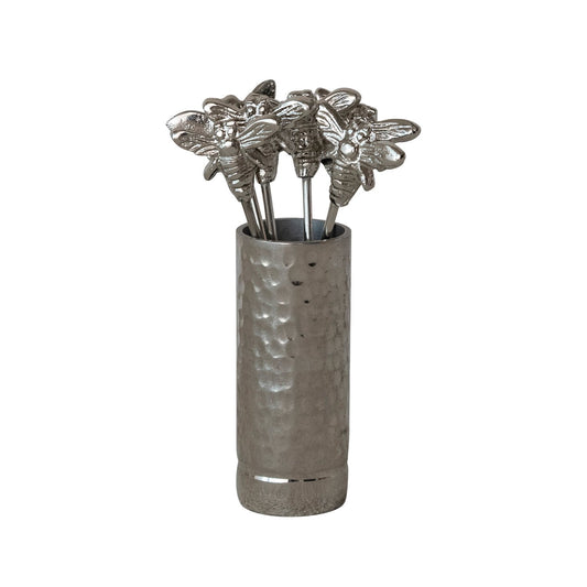Aluminum Holder with (6) Stainless Steel Appetizer Picks with Bee Handles, Boxed Set of 7