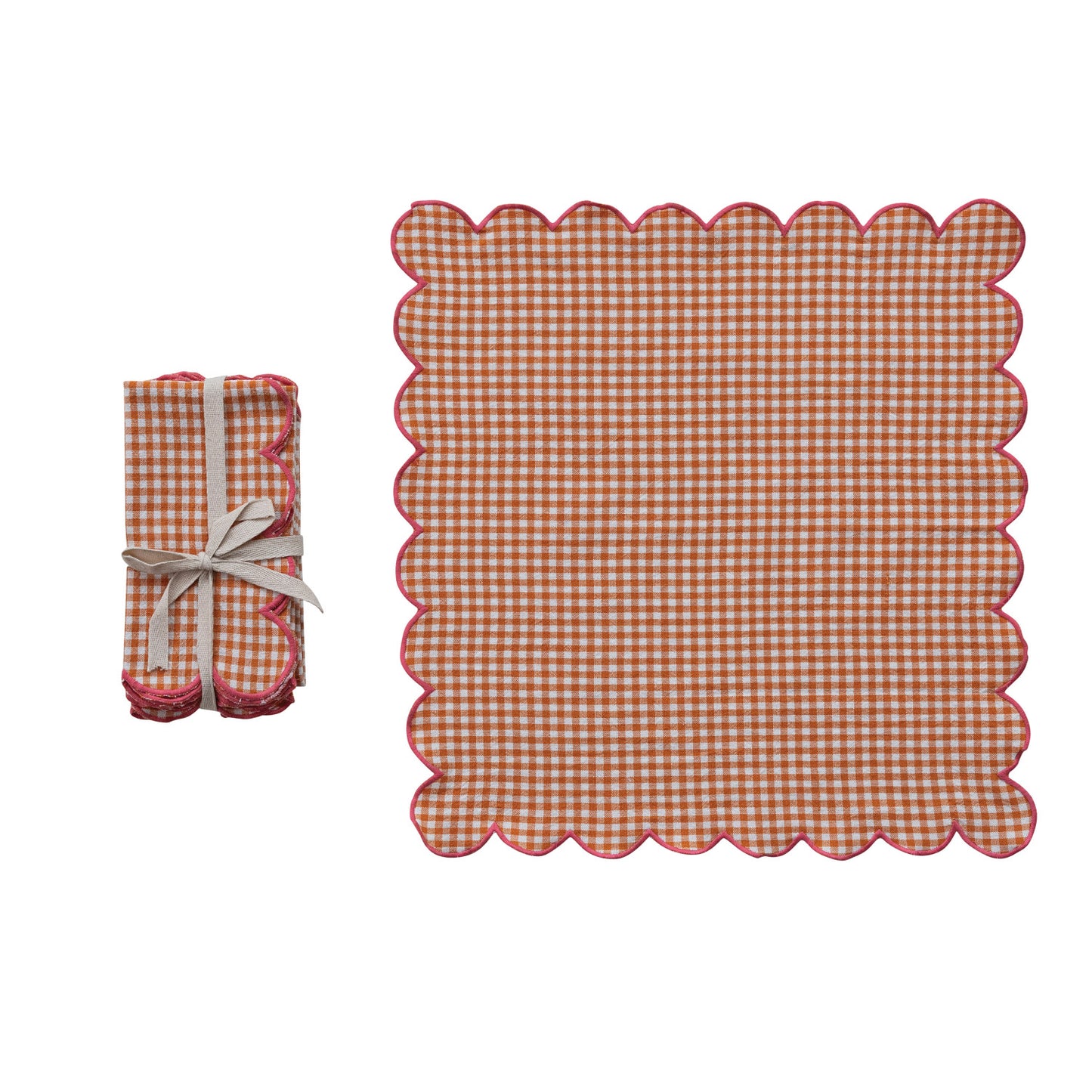 Cotton Scalloped Napkins with Contrasting Stitched Edges, Set of 4 Tied with Cotton Tape