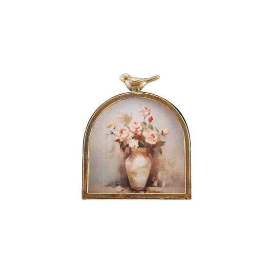 Arched Photo Frame w/ Bird Finial, Antique Gold Finish (Holds 5" x 5" Photo)