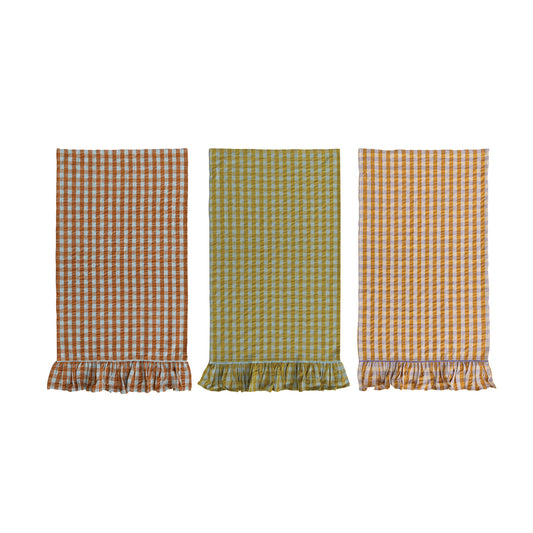 Woven Cotton Tea Towel with Check Pattern & Ruffle, 3 Colors