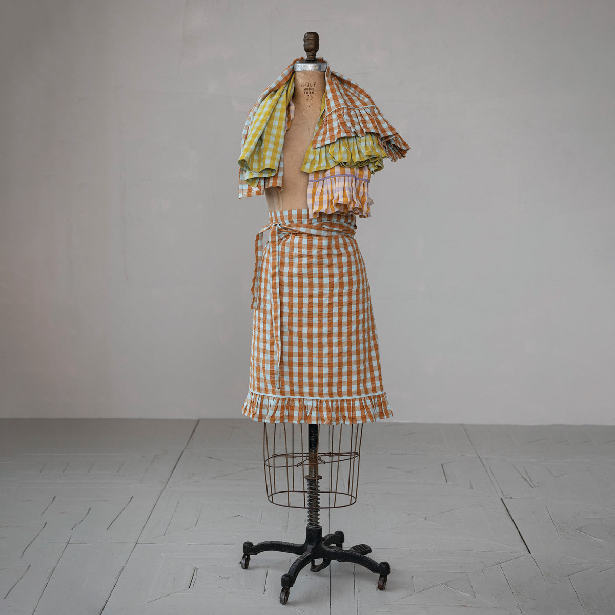 Woven Cotton Half Apron with Check Pattern & Pocket, Brown & Blue