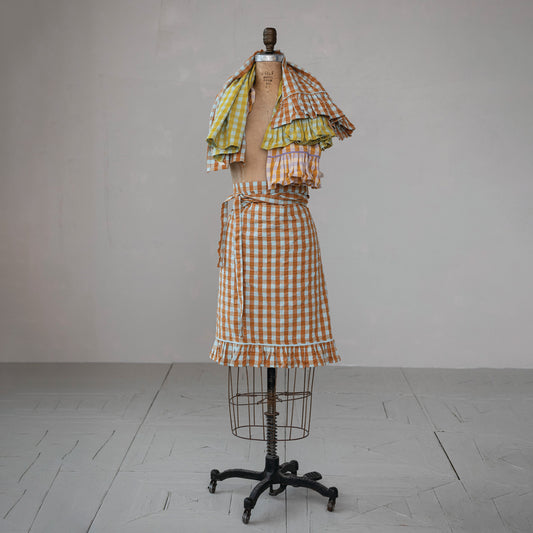 Woven Cotton Half Apron with Check Pattern & Pocket, Brown & Blue