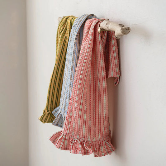 Cotton Printed Waffle Weave Striped Tea Towel with Ruffle, 3 Colors