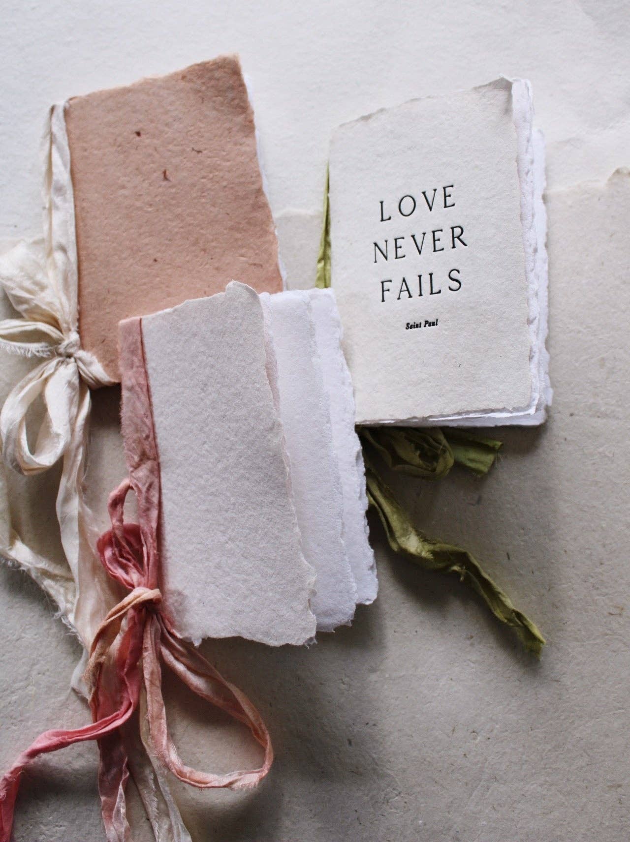 farmette - Notebooks - II: Love Never Fails - vanilla paper with pear green silk ribbon