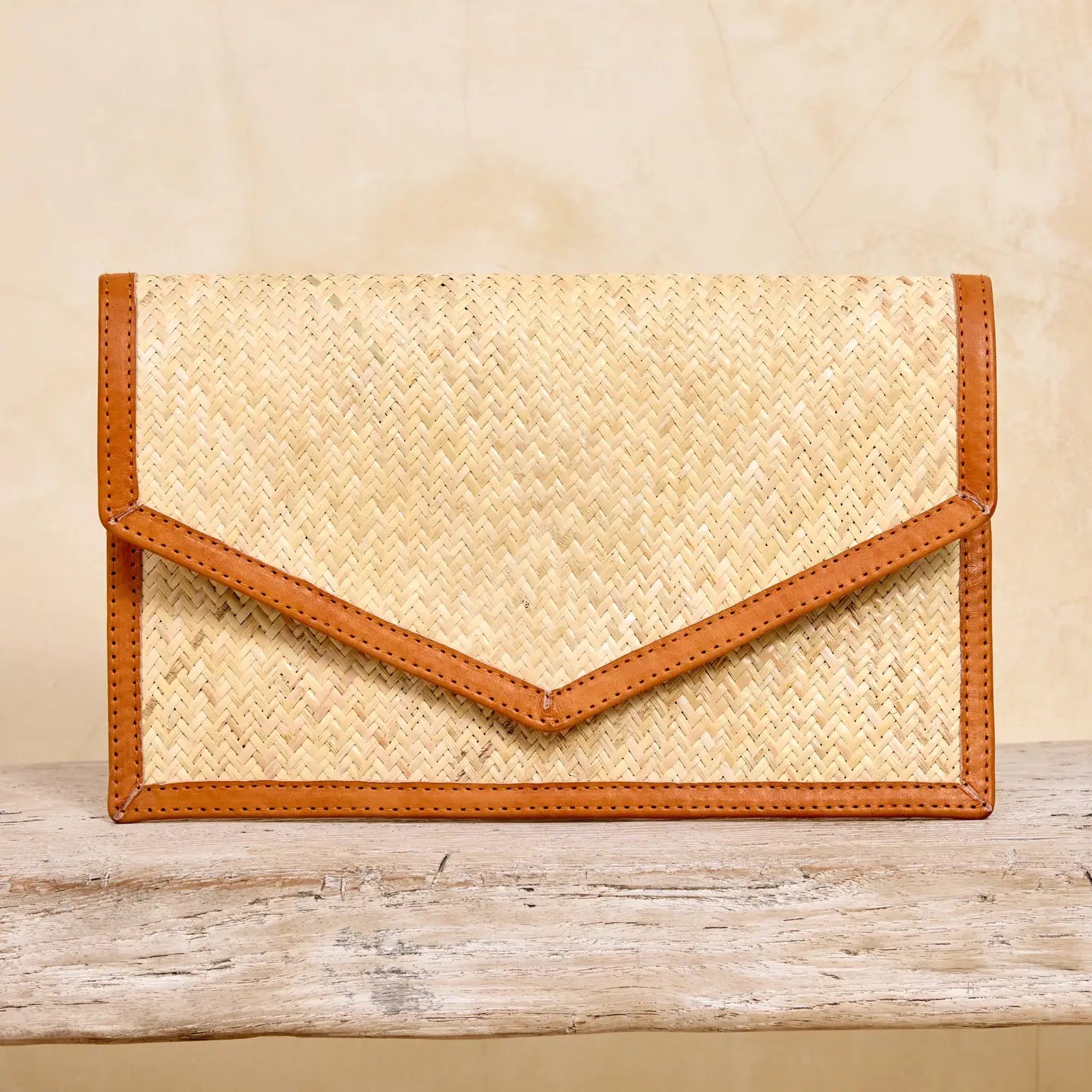 Rattan Clutch Brown Leather Trim