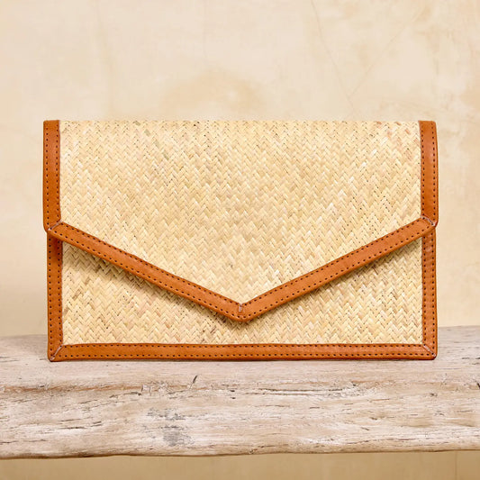 Rattan Clutch Brown Leather Trim