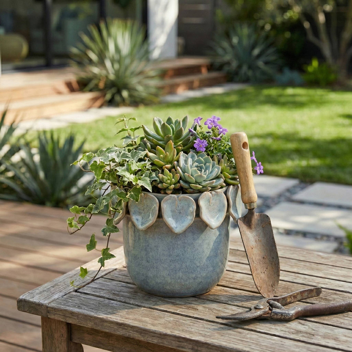 Sagebrook Home - Ceramic Handcrafted Leaf Applique Planter - Seafoam, 6 in.
