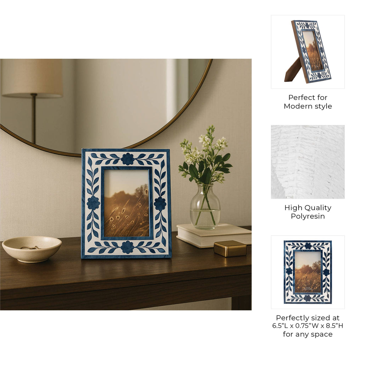 Sagebrook Home - Picture Frame - Blue Resin/Wood Floral Petals, 4x6 in.