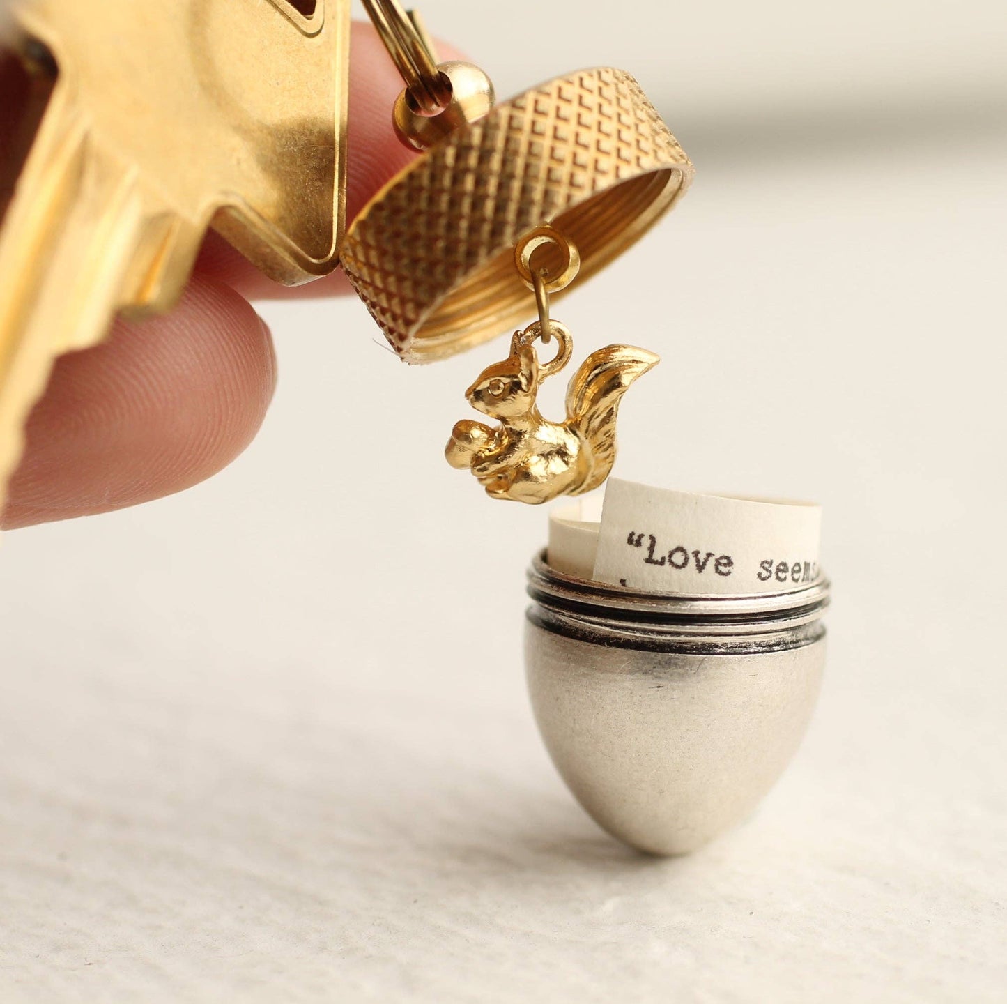 Silk Purse, Sow's Ear - Acorn Squirrel Keyring with Personalised Message: Gold Cap / Yes Please