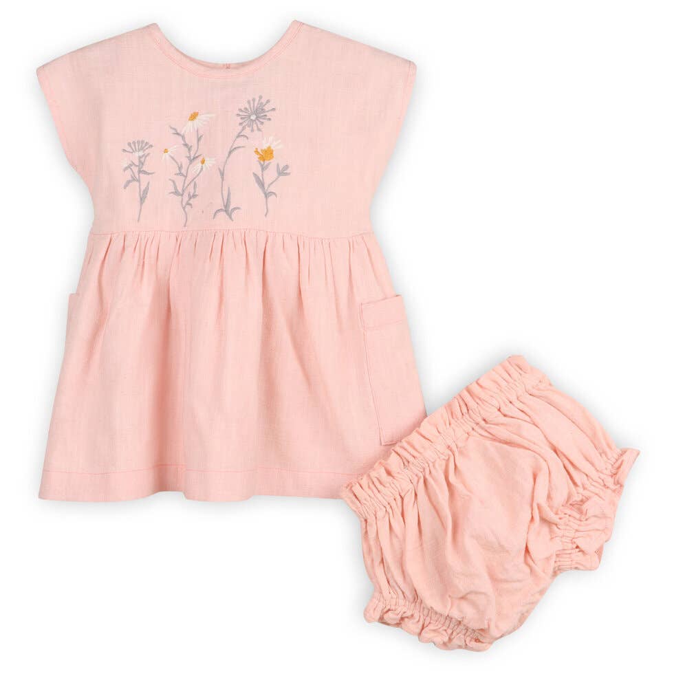 Viverano Organics - Alicia Embroidered Daisy Baby Dress + Bloomer (Linen Blend)