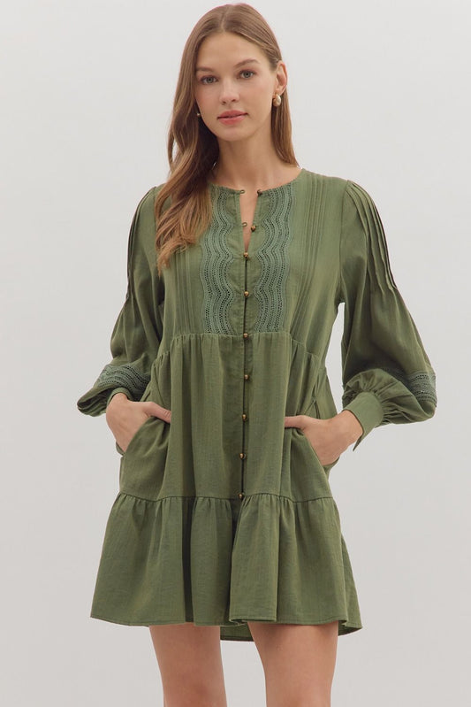 Elle Pintuck Olive Dress
