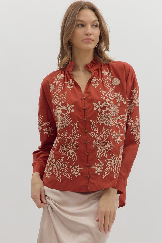 Hazel Embroidered Top - Rust