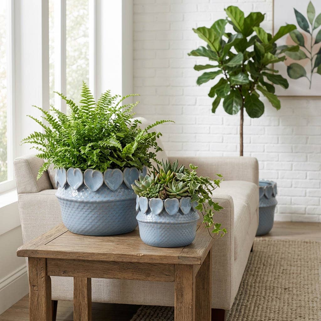 Sagebrook Home - Plant Pot Set of 2  - Blue Ceramic Leaf Applique, 7/10 in.