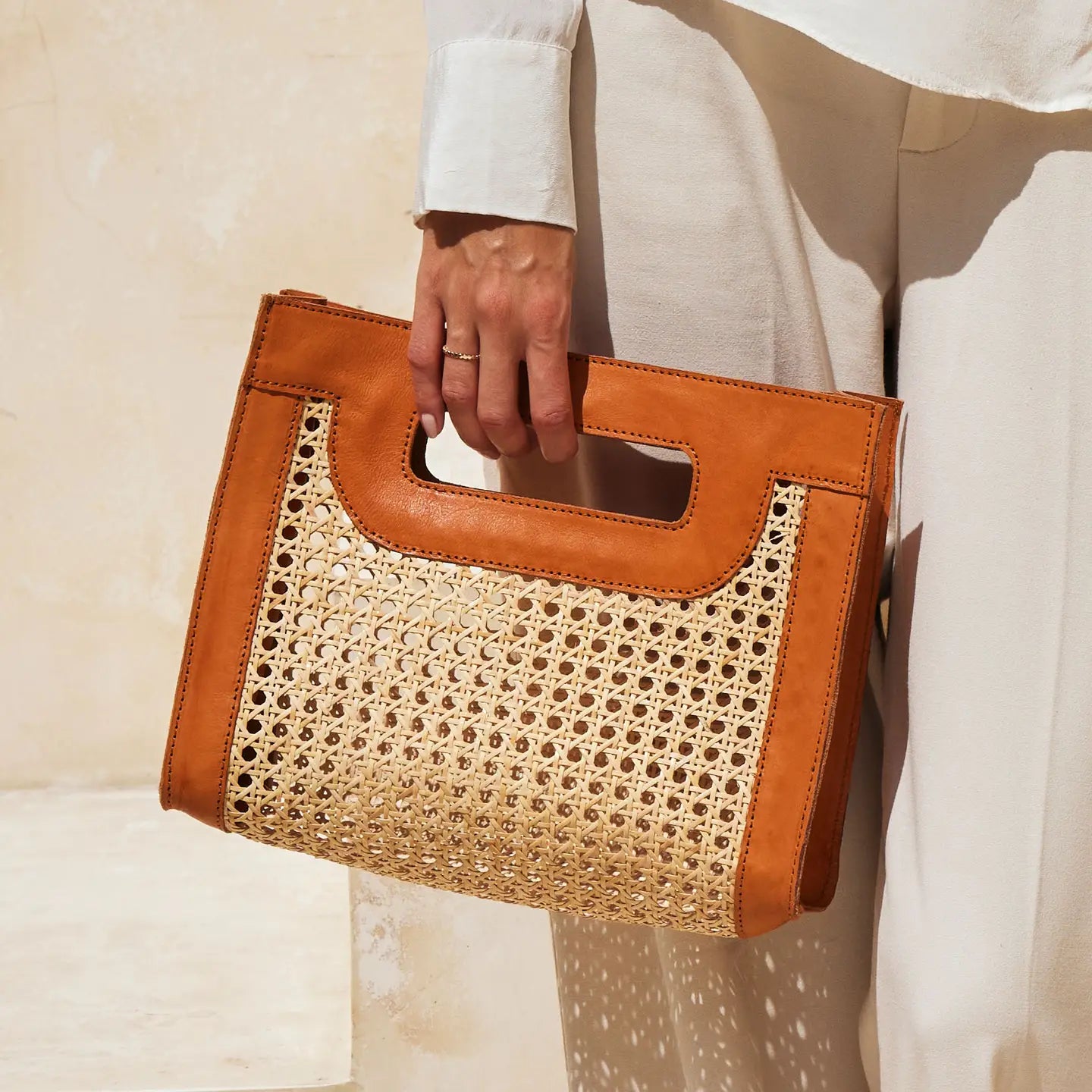 Rattan Cane Weave Handbag SM Brown Lthr Trim