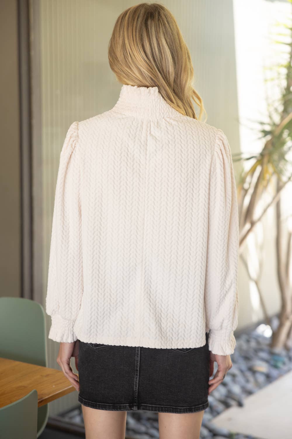 VOY - 34757  Smocked High Neck Long Sleeve Knit Top: Ivory / L