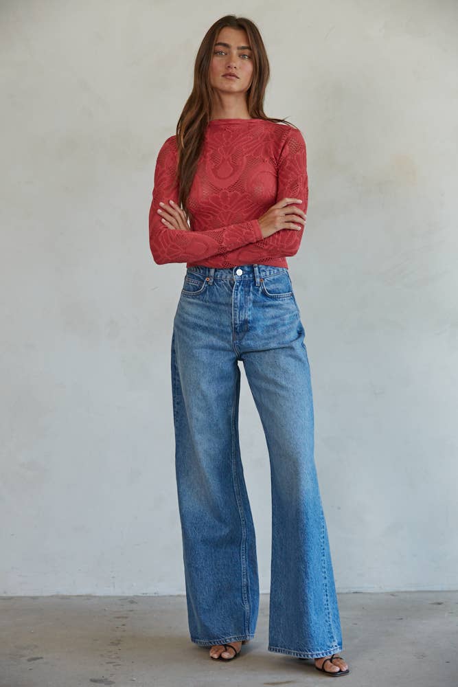 By Together - S1228 | Knit Seamless Jacquard Mock Neck Long Sleeve Top
