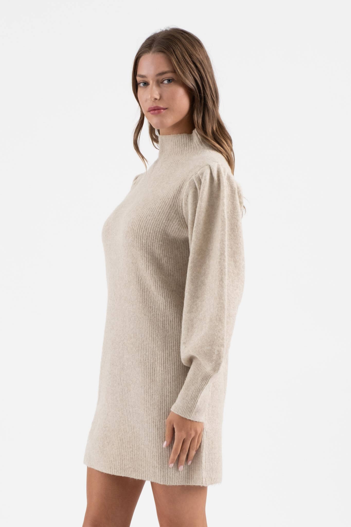 Blu Pepper - MOCK NECK LONG PUFF SLEEVE KNIT SWEATER DRESS