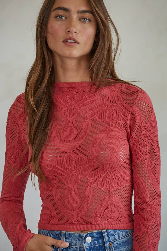 By Together - S1228 | Knit Seamless Jacquard Mock Neck Long Sleeve Top