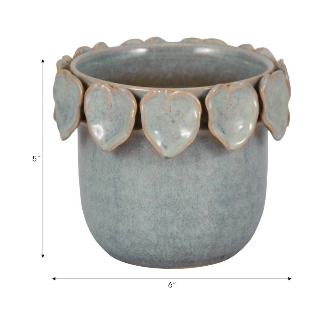 Sagebrook Home - Ceramic Handcrafted Leaf Applique Planter - Seafoam, 6 in.