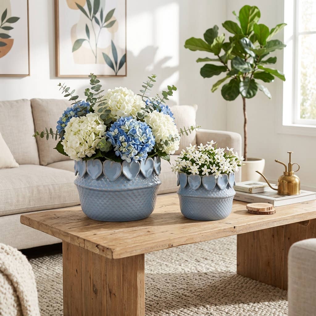Sagebrook Home - Plant Pot Set of 2  - Blue Ceramic Leaf Applique, 7/10 in.