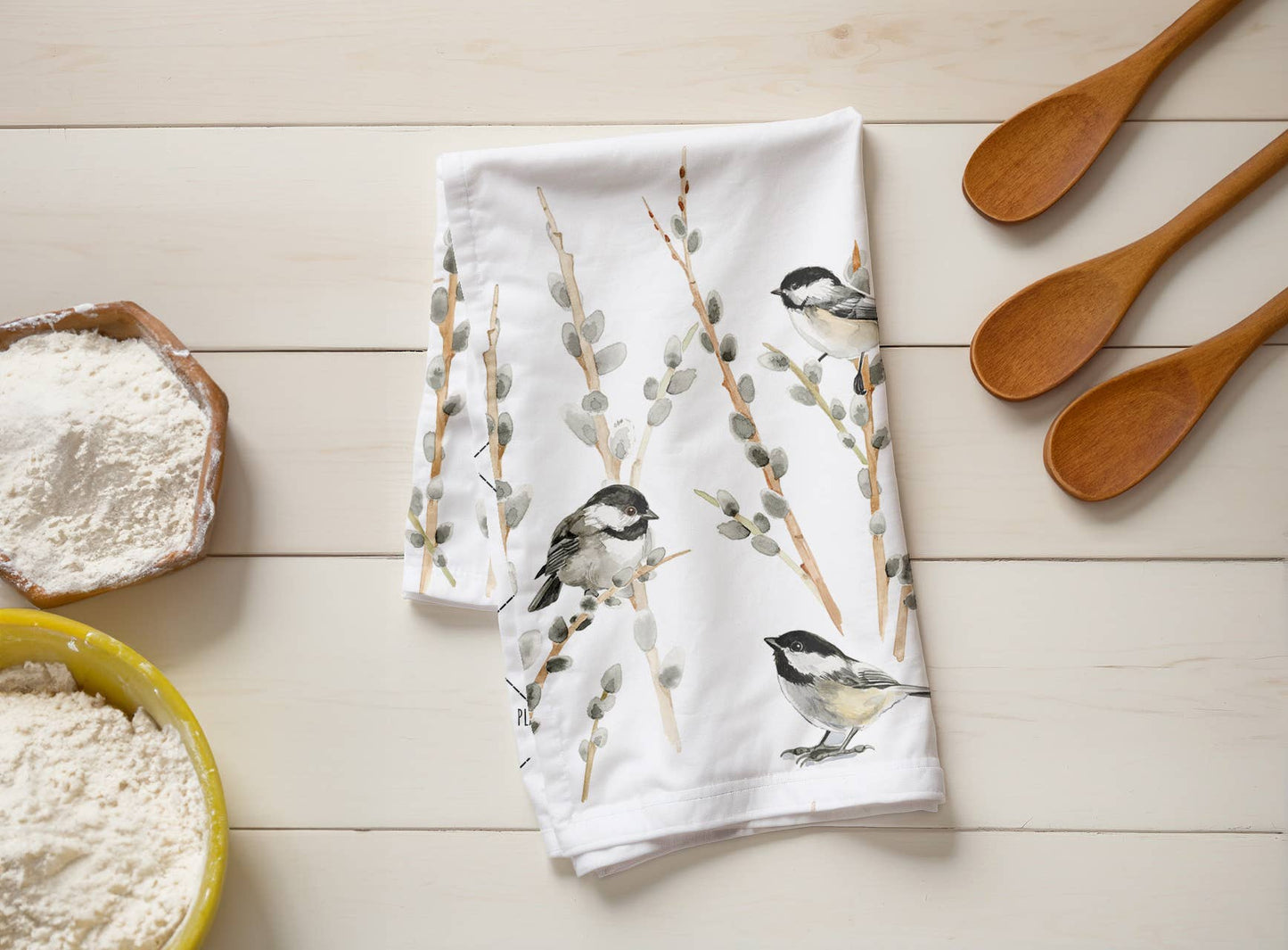 Kasey Melissa Art - Black Capped Chickadees and Pussy Willows - Linen Tea Towel