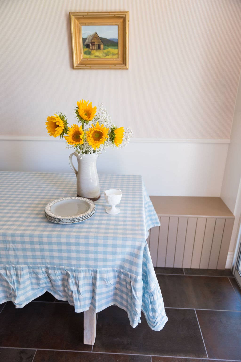 Galley and Fen - Blue Ruffled Gingham Tablecloth: 60" x 90"