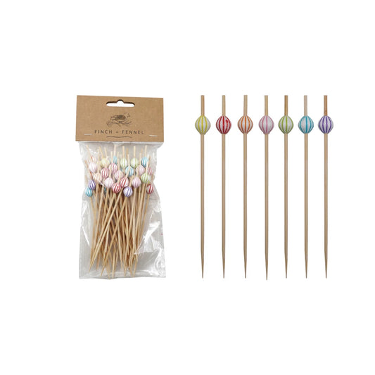 Bamboo Single Use Picks w/ Striped Ball