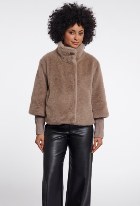 Nesrin Mocha Fuzzy Jacket Top 3/4 sleeve