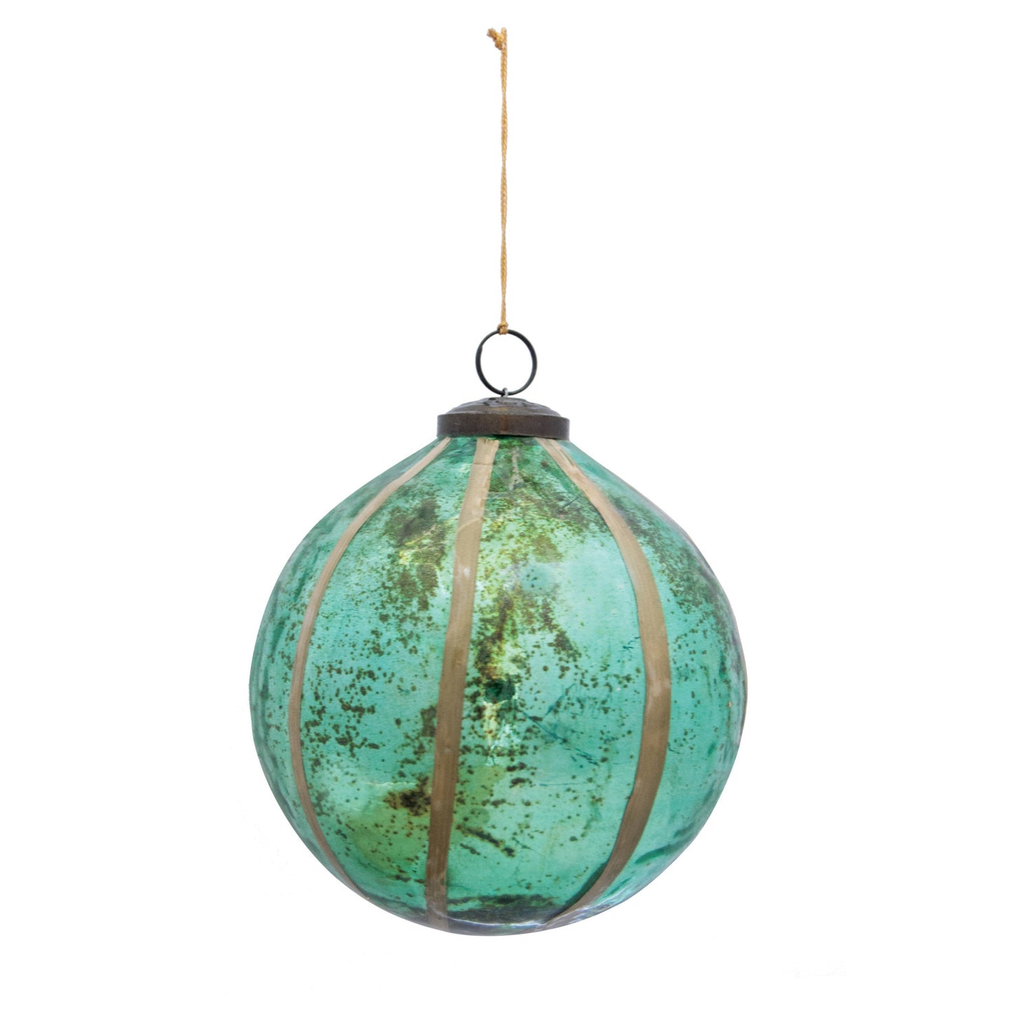 Recycled Glass Ball Ornament w/ Embedded Eucalyptus Leaves, Turquoise