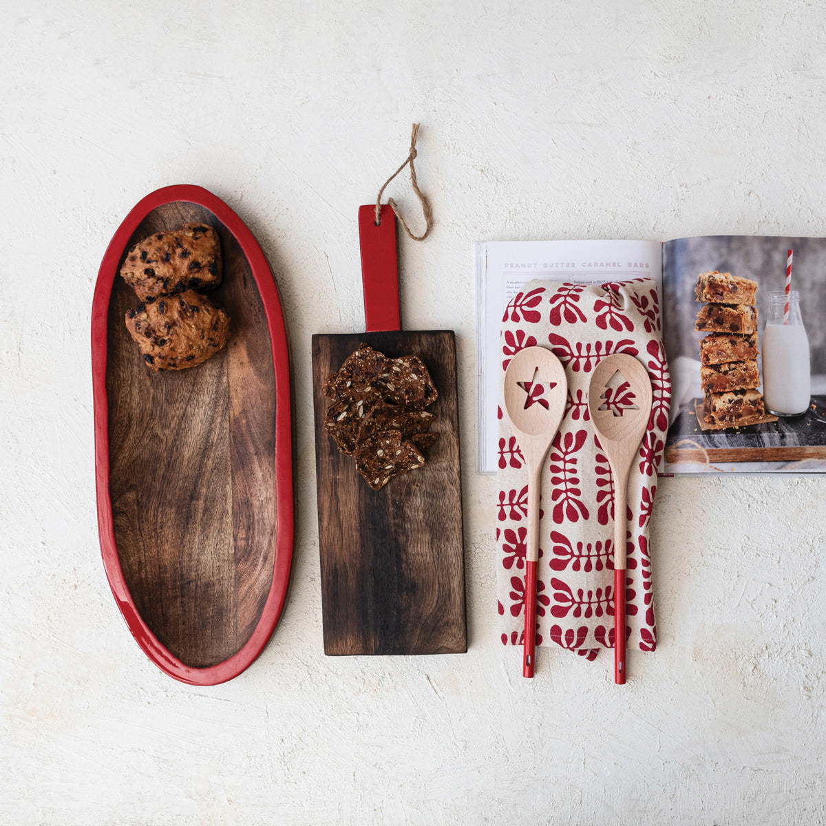 Hand-Carved Mango Wood Tray w/ Enameled Edge, Walnut Finish, Red