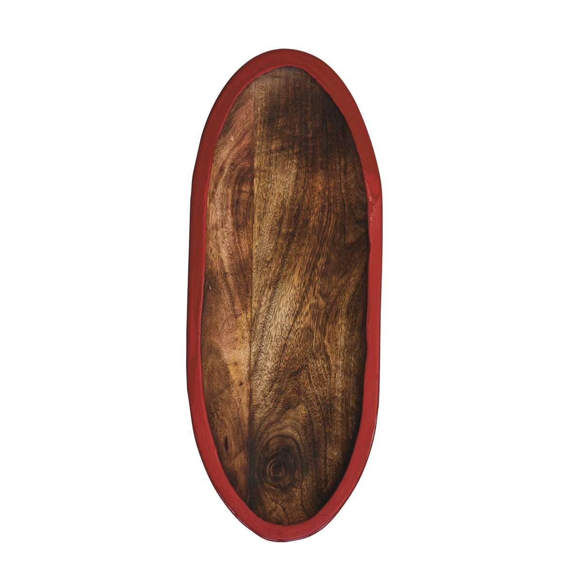 Hand-Carved Mango Wood Tray w/ Enameled Edge, Walnut Finish, Red