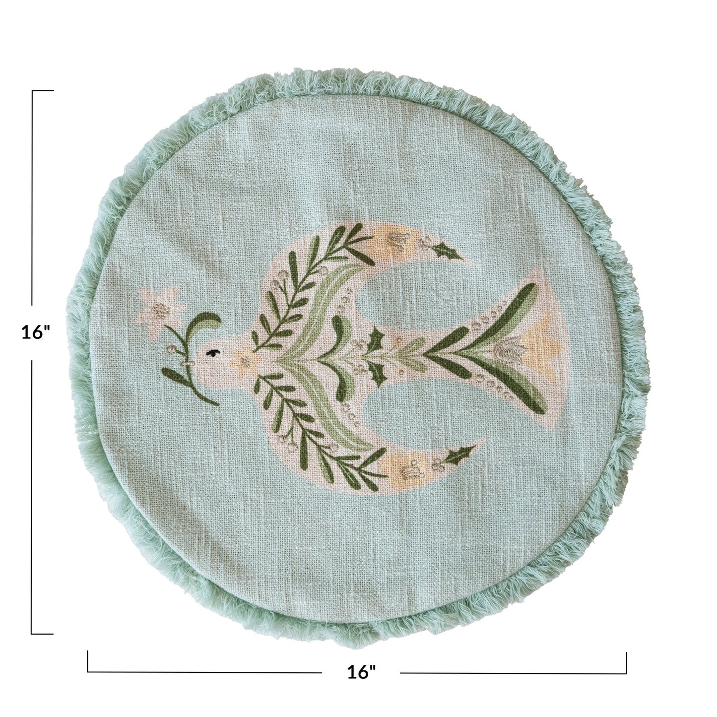 16" Round Cotton Printed Pillow w/ Embroidered Dove & Fringe, Multi Color ©