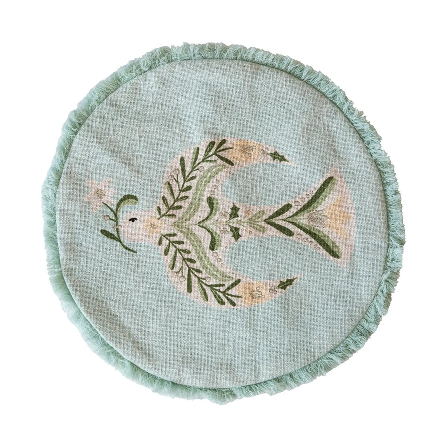 16" Round Cotton Printed Pillow w/ Embroidered Dove & Fringe, Multi Color ©