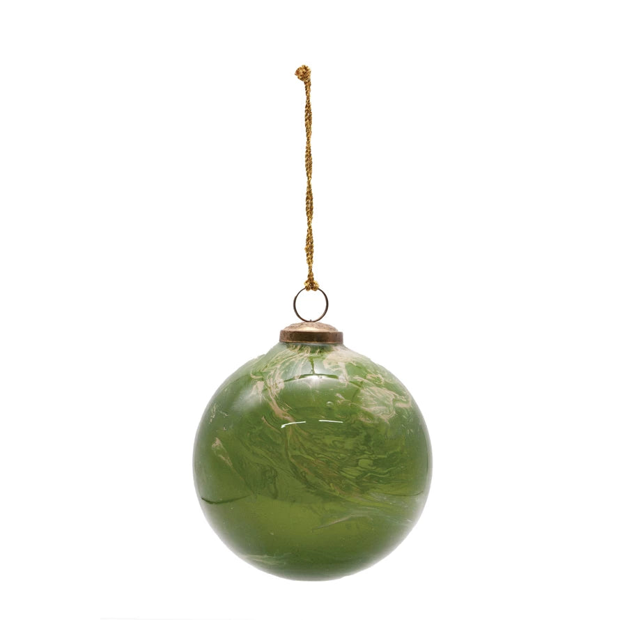 3" Round Glass Ball Ornament, Marbled Green & Gold Finish