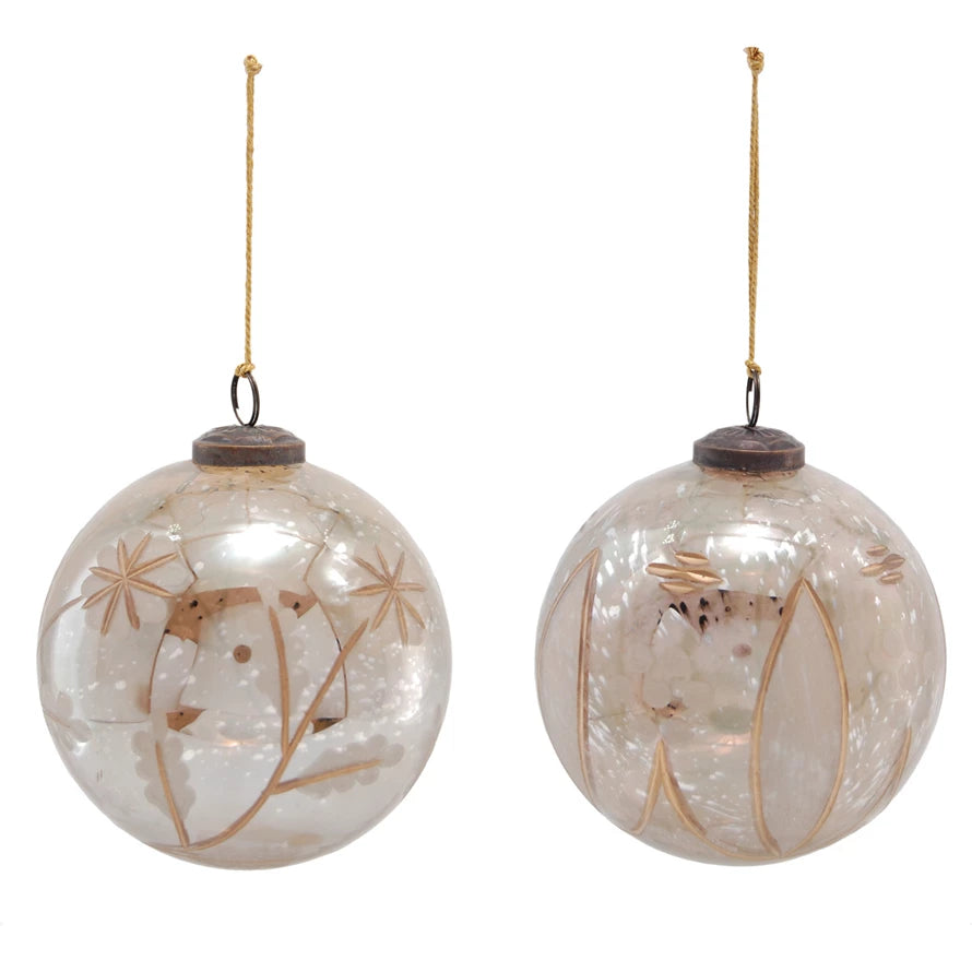 72"L Etched Mercury Glass Ball Ornament Garland w/ Snowflakes, Antique Gold Finish
