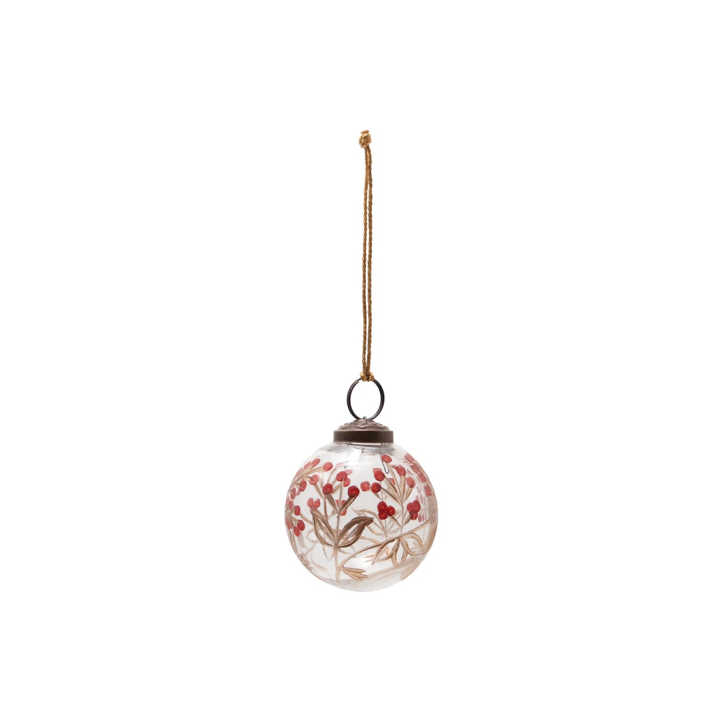 Hand-Painted Etched Glass Ball Ornament with Berry Design
